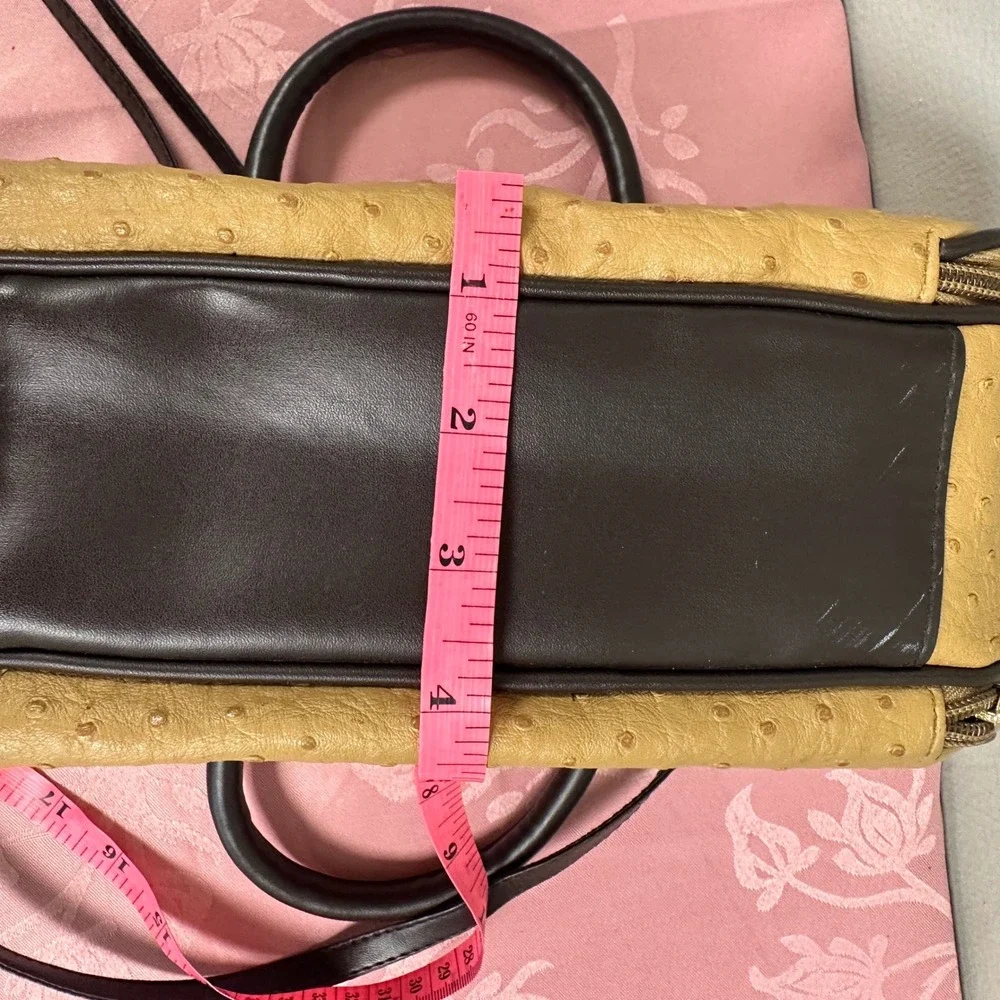Tan Faux Ostrich Triple Zip Satchel Crossbody Bag Brown Trim Gold Hardware